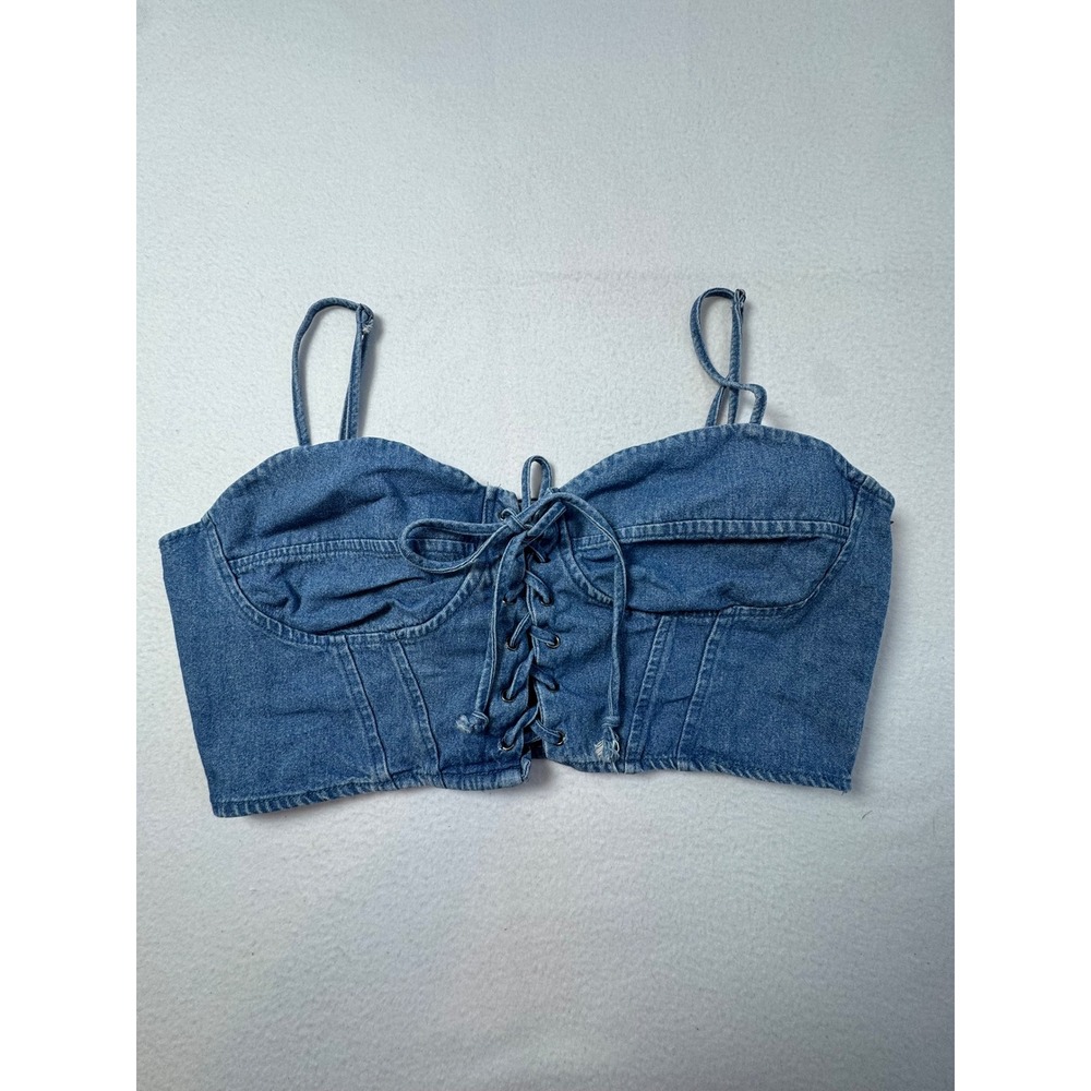 Y2K Dizzy Lizzy Womens Large Denim Corset Top Blue Lace Up Bustier Camisole